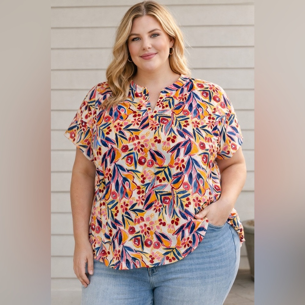 Amana Floral Boho Blouse 2X Plus Size Colorful Tropical Print Short Sleeve NWT